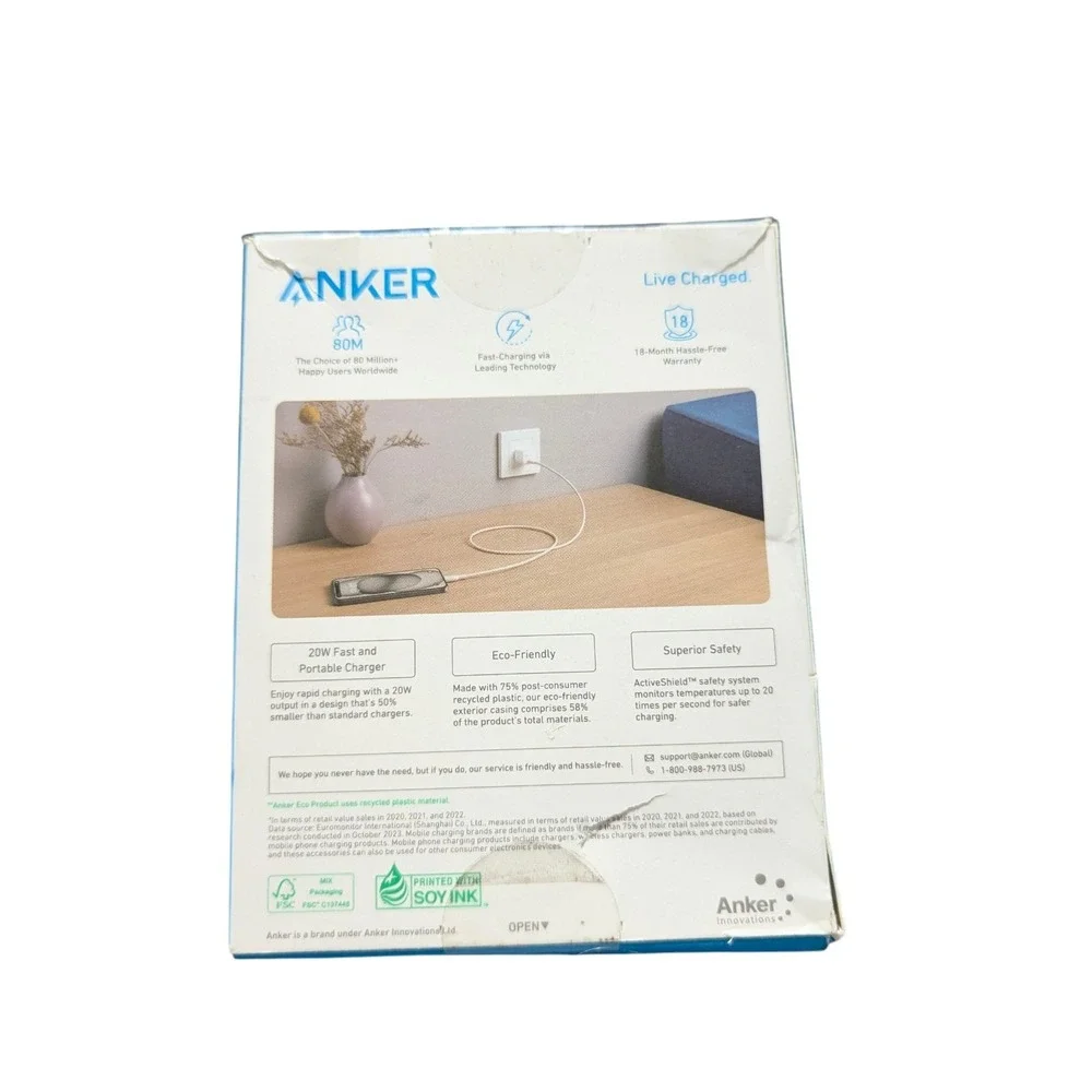 Nn2O Anker 20W PD Nano USB-C Fast Charge Wall Charger White Open‎ Box